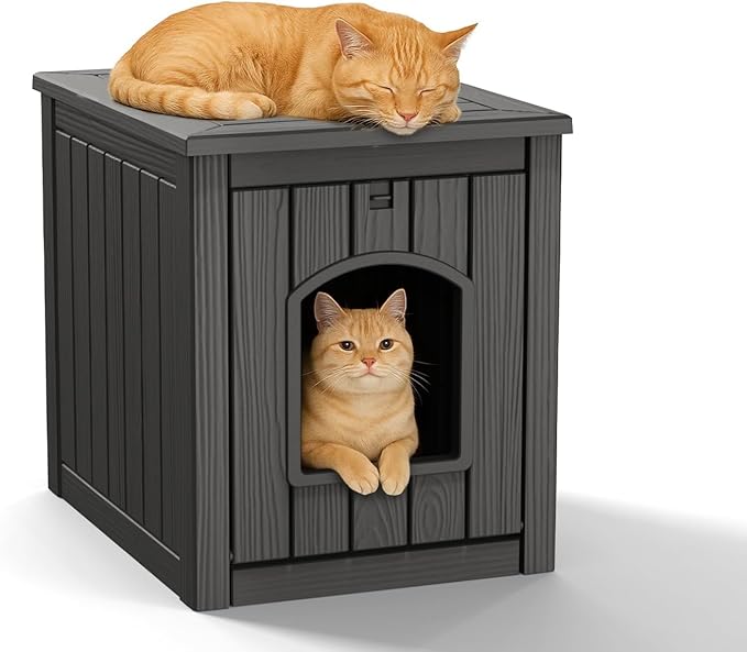DRATO Outdoor Cat House -Weatherproof Resin Cat Houses for Outdoor Cats, Durable, Easy Assembly,cat igloo outdoor，Durable & Insulated Shelter for Garden, Patio, or Backyard（Black，18.46*23.62*21.42）