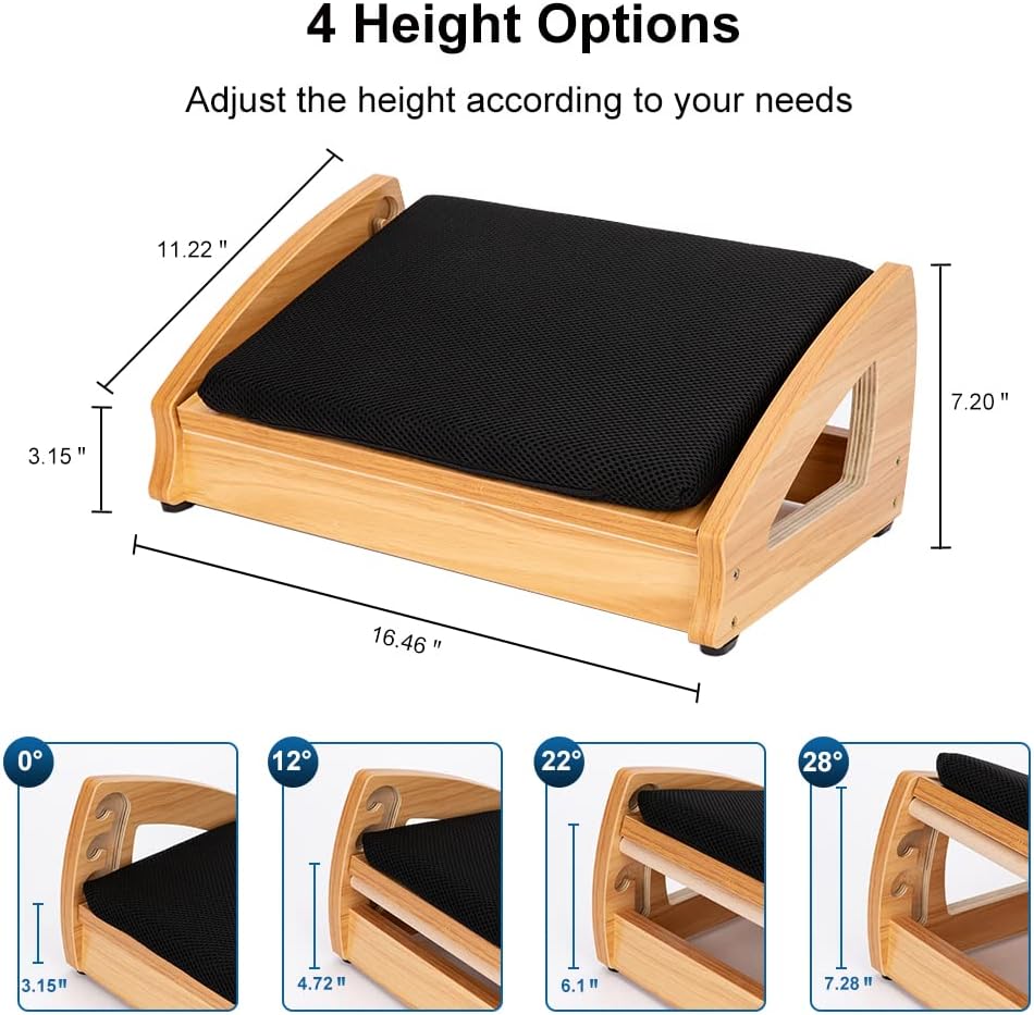 StrongTek Wooden Foot Stool Under Desk, Removable Cushion, 3 Angles