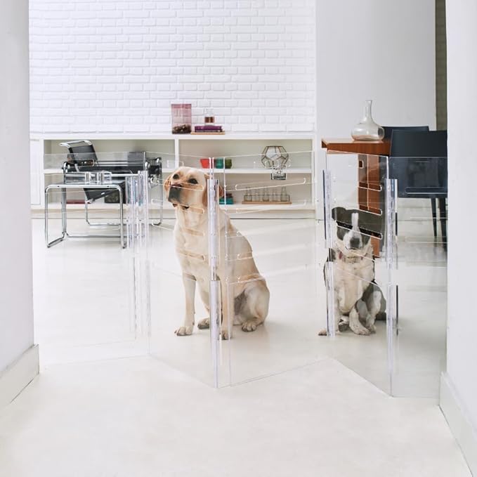 Clear Acrylic Medium Dog Crate Furniture with Blush Cushion for Medium Dogs up to 40 lbs, 3 in 1 Pet Crate and Gate, Modern Furniture Style Indoor Kennel, Dual Silver Latch, 20 x 30 x 22 in