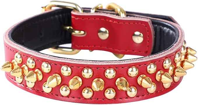 Spiked Studded Dog Collar, Genuine Leather Dog Collar, Adjustable Pet Collars for Medium Large Bulldog Pitbull Mastiff Poodle Boxer (M:29-38cm, Red)