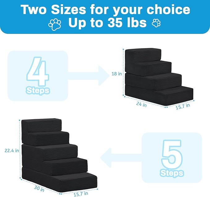 Dog Stairs for Small Dogs, 4 Step Pet Stairs for High Beds and Couch, Dog Steps for Bed Balanced 18" H, Foldable Pet Ramp for Large Cats Climb, Non-Slip Bottom Doggy Step, Black