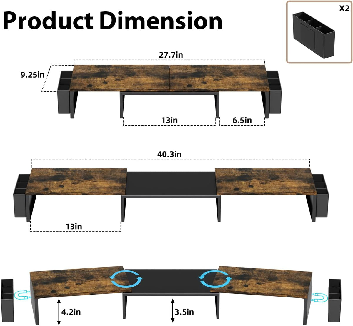 AUPSEN Dual Monitor Stand Riser with 2 Pen Holders, Desk Organizer, Brown