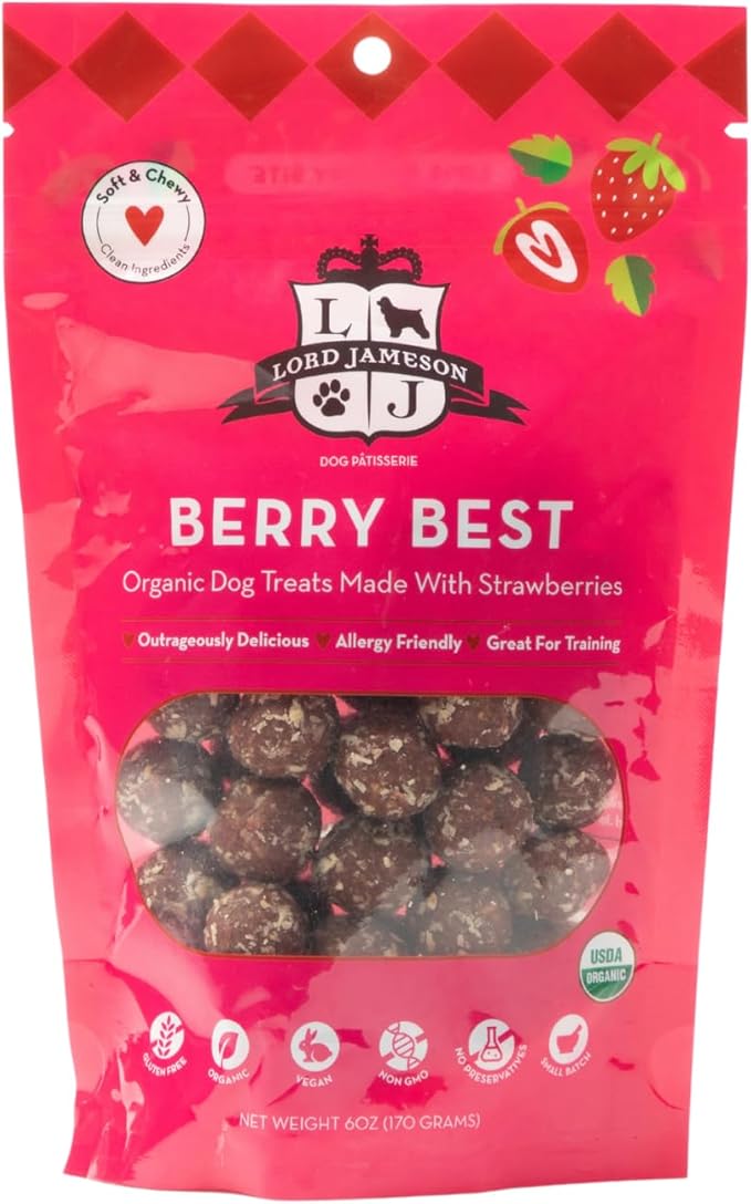 Lord Jameson Berry Best Soft & Chewy Organic Dog Treats - Strawberries & Beets- Gluten-Free, Preservative-Free, USDA Certified Organic – For All Life Stages - Made in USA 6 oz
