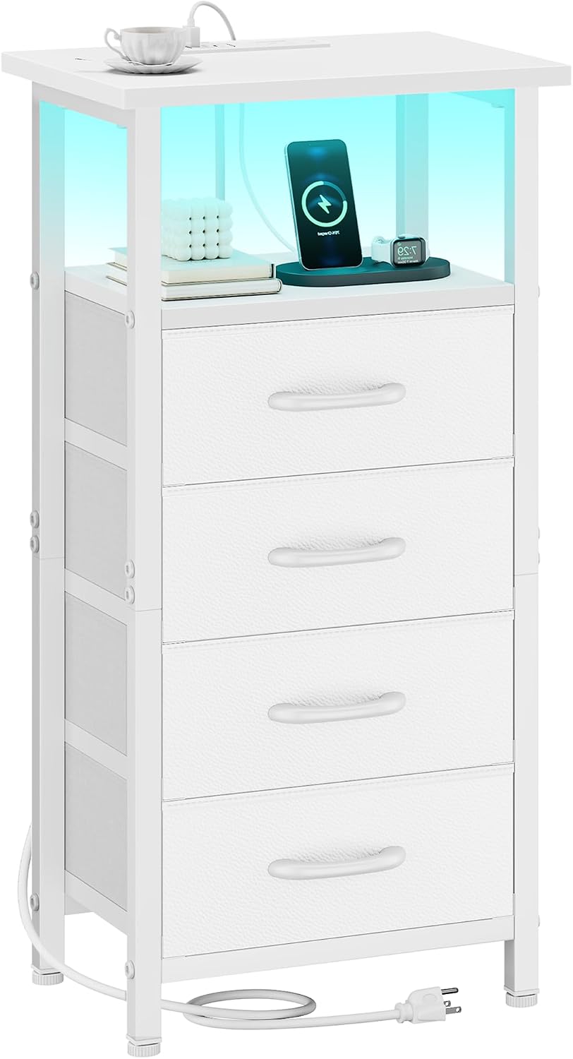 Vagusicc White Nightstand with Charging Station & LED Light, 28.6'' Tall Night Stand Bedside Table with 4 Fabric Drawers & Open Shelf, Small Bedside Tables Bed Side Table Nightstand for Bedroom, White
