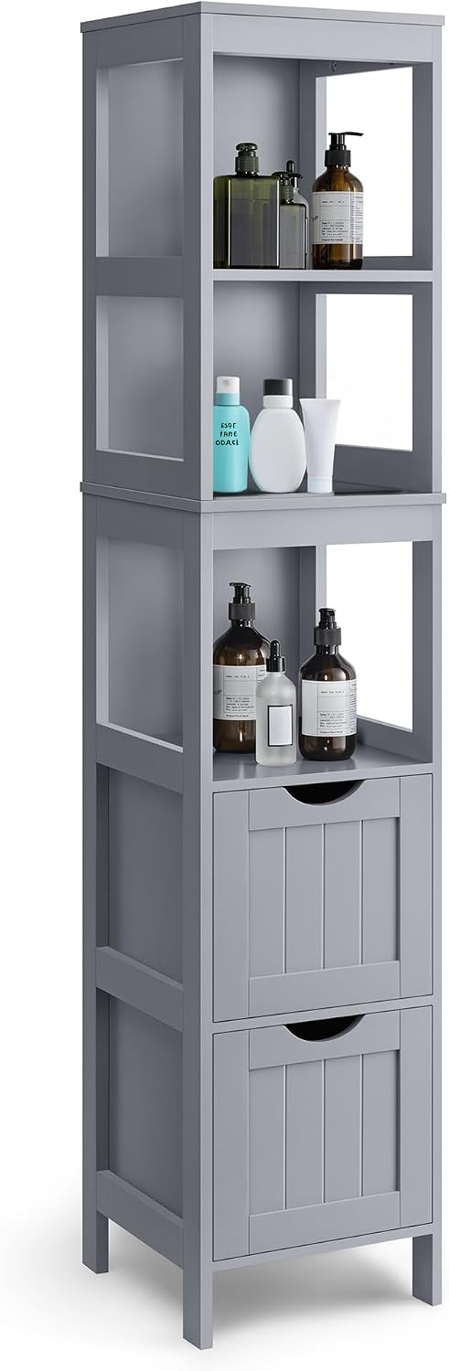 VASAGLE Bathroom Floor Cabinet, 2 Drawers, 55.7”H, Dove Gray