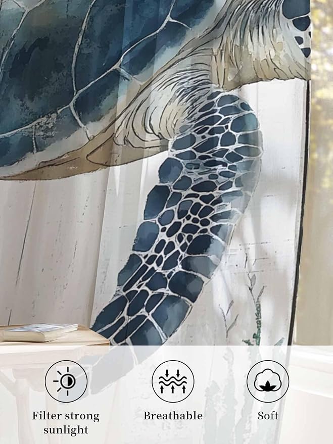 Sheer Curtains 72 Inches Long, Sea Turtle Teal Blue Semi Sheer Curtains Light