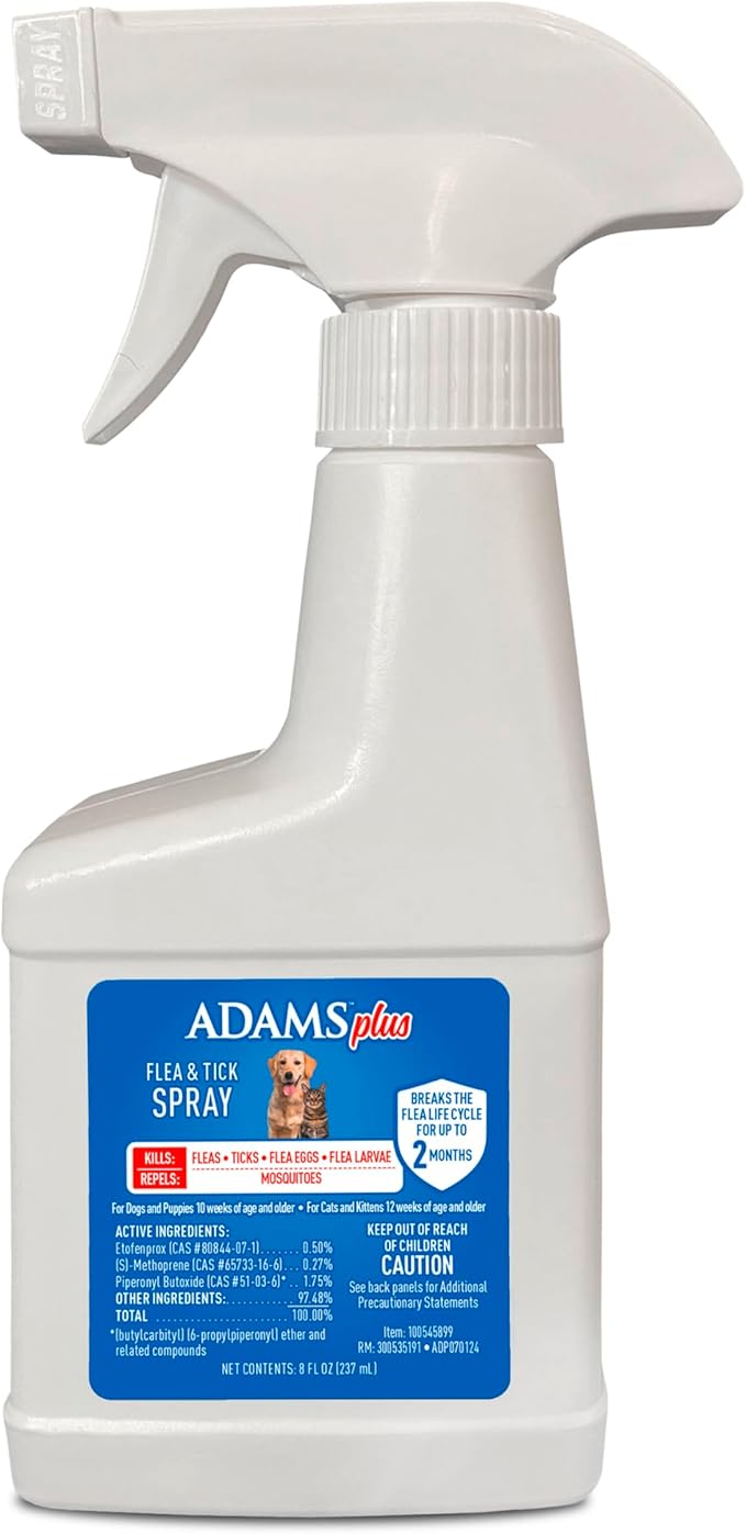 ADAMS Plus Flea & Tick Dog and Cat Spray, Kills Fleas & Ticks, Repels Mosquitoes, Prevents Flea Infestations for up to 2 Months, Flea Treatment for Dogs, Cats, Puppies, & Kittens, 8 Fl oz