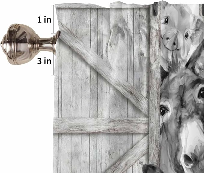 Grey Farmhouse Tier Curtains 45 Inches Long, Vintage Sunflowers Animals Printed