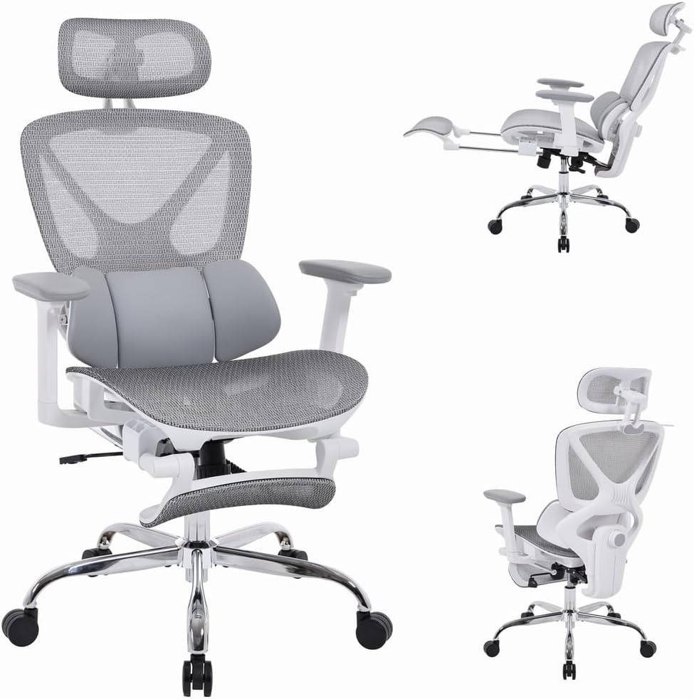LuxErgo Big & Tall Ergonomic Mesh Office Chair 350lbs, High Back Reclining Gaming Desk Chair with 3D Headrest, Adjustable Armrests, Lumbar Support & Retractable Footrest, Gray