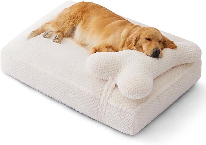 Soft Touch Faux Fur Dog Bed for Extra Large Dogs 8.5" Extra Thick, Orthopedic Pet Bed with Waterproof Liner and Washable Cover, with Removable Cute Pillow, Cream Color