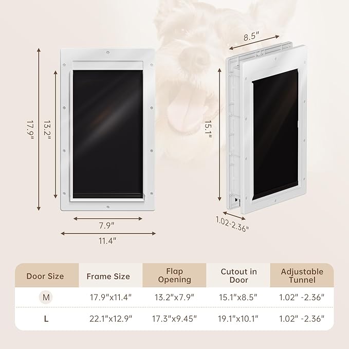 Never Rust Dog Door with Durable Plastic Frame, Medium Doggy Door for Interior and Exterior Doors, Doggie Door with Magnetic Flaps, Closing Panel, Telescoping Tunnel, for Pets Up to 45lb
