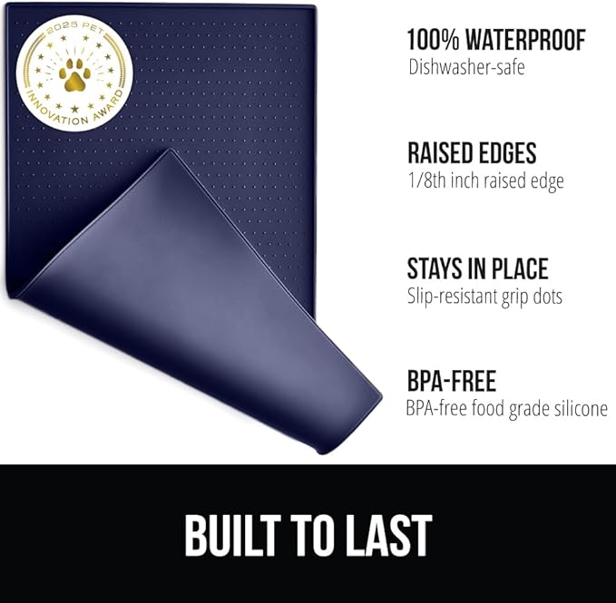 GORILLA GRIP 100% Waterproof Raised Edge BPA Free Silicone Pet Feeding Mat, Dog Cat Food Mats Contain Spills Protects Floors, Placemats for Cats and Dogs Water Bowl, Pets Accessories 18.5x11.5 Navy