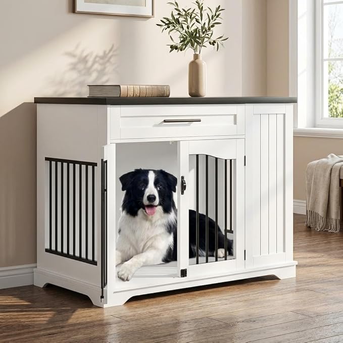 Dog Crate, 44 Inch Dog Crate Furniture End Table, Built-in Feeder Dog Kennel Indoor Kennel, Drawer Storage Small Dog Crate Dog Kennel Furniture Large Dog Crate, White + Walnut Wood