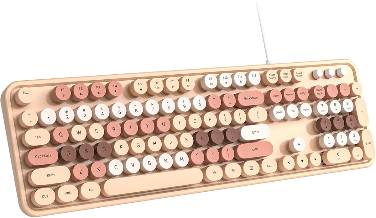 Dilter Wired Keyboard, 104 Keys Full-Sized Typewriter Keyboards, USB Plug and Play Office Keyboard with Number Pad, Caps Indicators, Foldable Stands for Windows, PC, Laptop, Desktop (Milk-Tea)