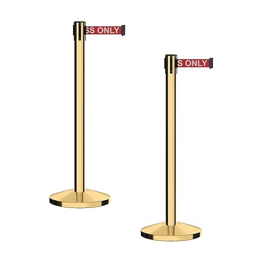 CCW Series RBB-100 - Set of 2 Stanchion Retractable Belt Barriers (7.5 Foot Belt, Red with"Authorized Access ONLY" White Letters Belt with Polished Brass Post)