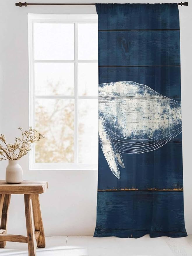 Sheer Curtains 108 Inches Long, Summer Whale Semi Sheer Curtains Light