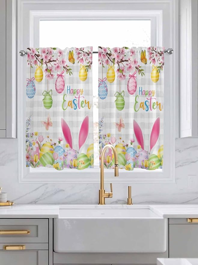 Happy Easter Kitchen Curtains 54 Inches length, Spring Watercolor Bunny Eggs