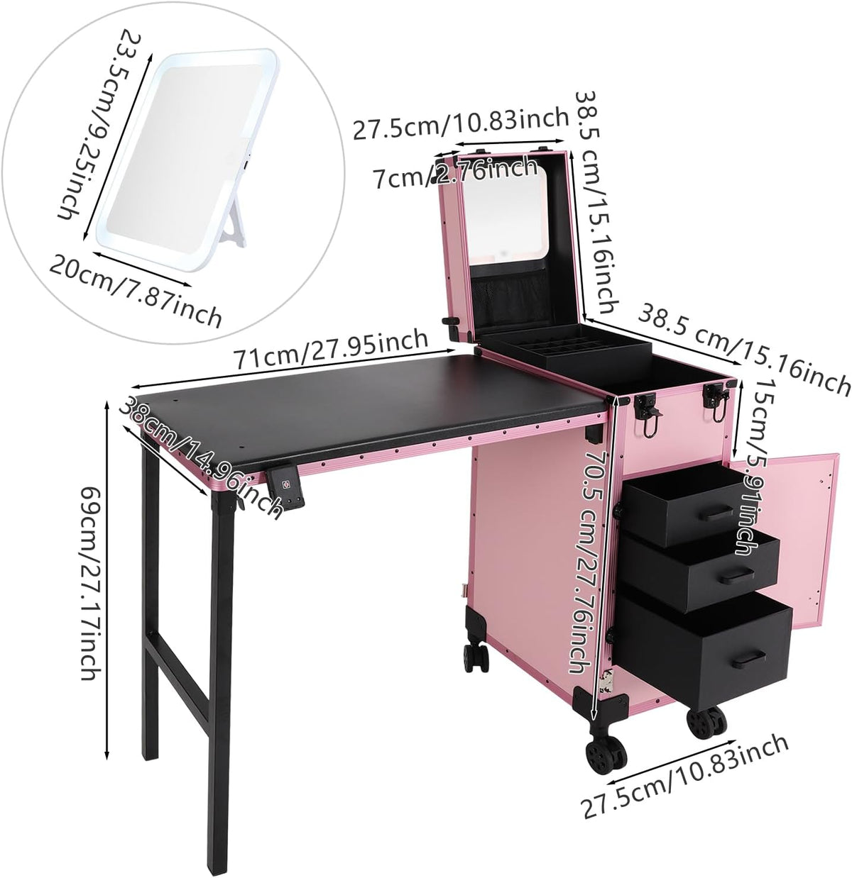 Professional Rolling Makeup Case, Foldable Nail Tables, Portable Manicure Table with 3 Drawers & LED Mirror, Trolley Storage Organizer, Pink Lockable Nail Table, Artist Travel Organizer