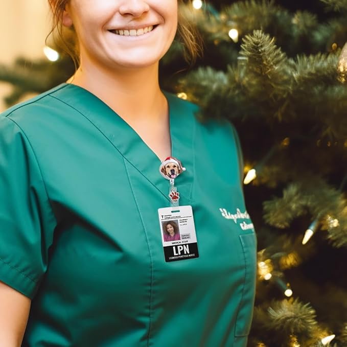 callie Personalized Christmas Pet Badge Reel - Custom 1-3 Dog Cat Photos, Christmas ID Badge Holder Retractable Clip with Paw Charm, Holiday Gift for Pet Lover Nurse Vet Doctor