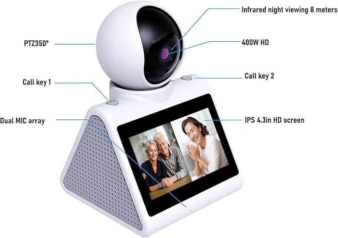 Two Way Video Calling Camera with 4.3 inch HD Screen, 1080P 2MP Indoor Home Nanny Camera, 2 Way Video Calls Pet Camera with Daily Clock