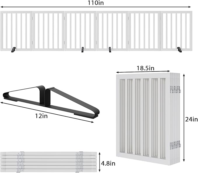 Wooden Dog Gate Freestanding Foldable 6 Panel Pet Gates Extra Wide Dog Gates for Indoor Doorways Stairs 24in Height Support Feet Included