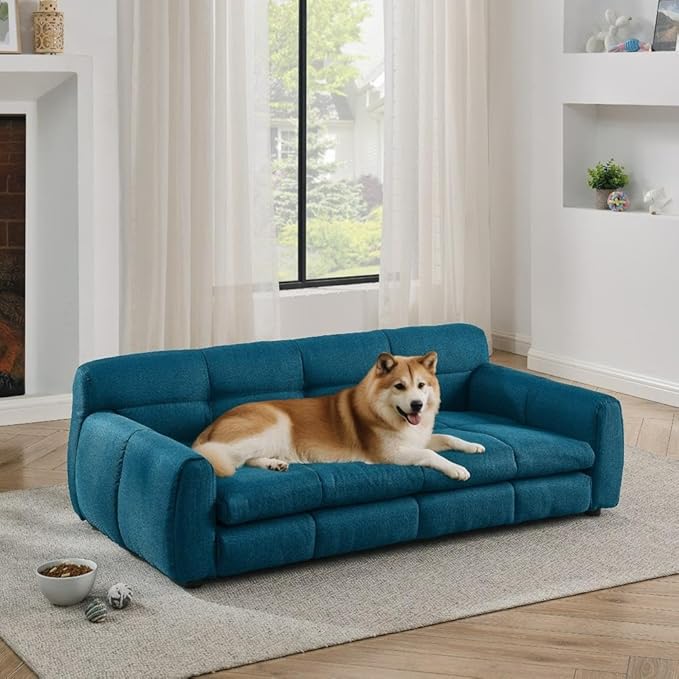 Modern Pet Sofa Bed for Large Dogs Up to 130lbs, Luxurious Living Room Dog Couch with Supportive Backrest and Armrests, Easy-to-Clean Linen Fabric Elevated Pet Furniture