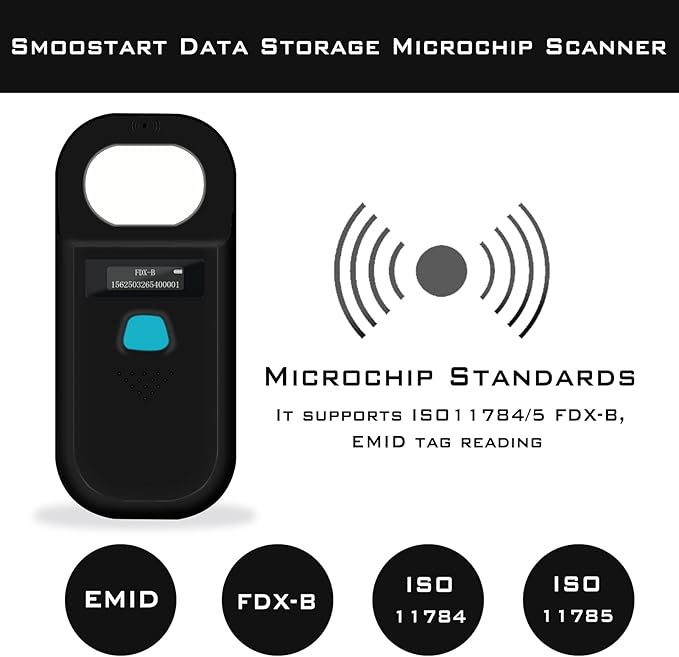 Smoostart Pet Microchip Scanner, ISO11784/ISO11785/FDX-B/ID64/EMID Data Storage Microchip Reader for Animal/Pet/Dog/Cat/Pig (Black)