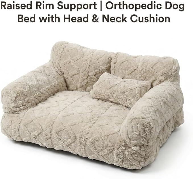 Plush Calming Pet Sofa Bed, Raised Rim, Removable Cover & Non-Slip Bottom for Cats & Dogs, Calming Dog Bed Fluffy Plush Dog Mat for Furniture Protector with Removable Washable Cover (Beige, Small)