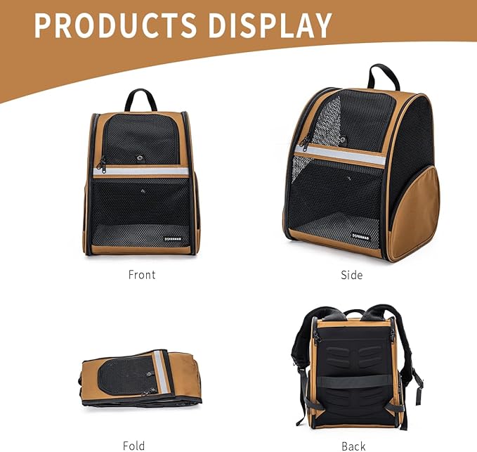 Cat Backpack Carrier for Small Dogs and Medium cat Puppy Kitten Bunny Pet Carrier Backpack Collapsible with Fully Ventilated Mesh with Safety Leash (Brown, 12.9" L x 10.62" W x 15.5" H - M)