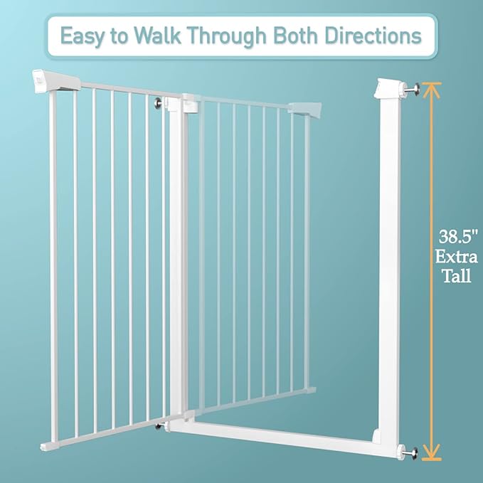 Fairy Baby 38" Extra Tall Dog Gate for Stairs and Doorways, 54.4"-57.0" Extra Wide Pet Gate, Metal Auto Close Safety Child Gate, Pressure Mounted Dog Gate No Climb Fence for Kid or Pet, White