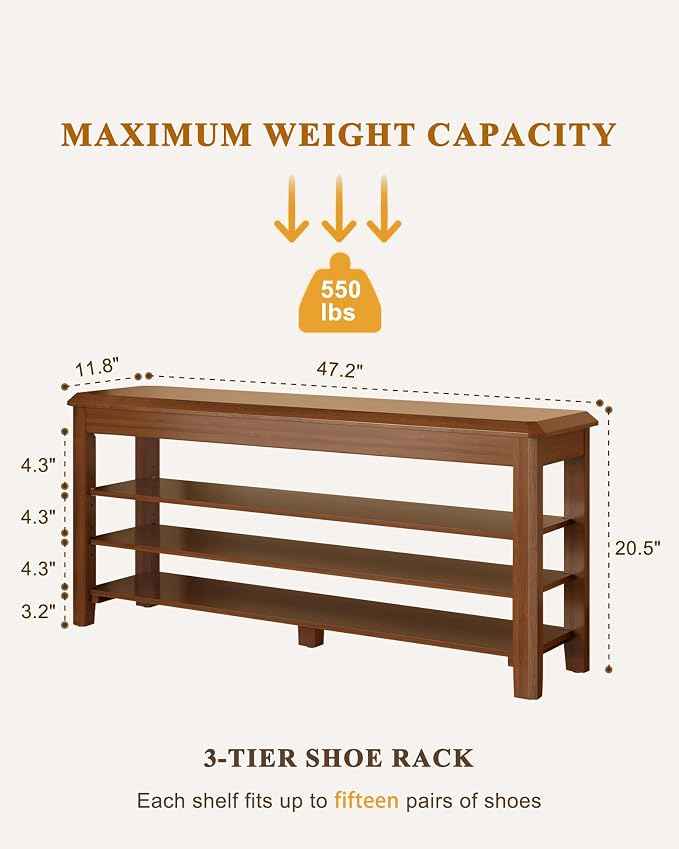 Shoe Rack Bench Seat Rubberwood 3-Tier Wooden Storage Bench 550lbs Compact