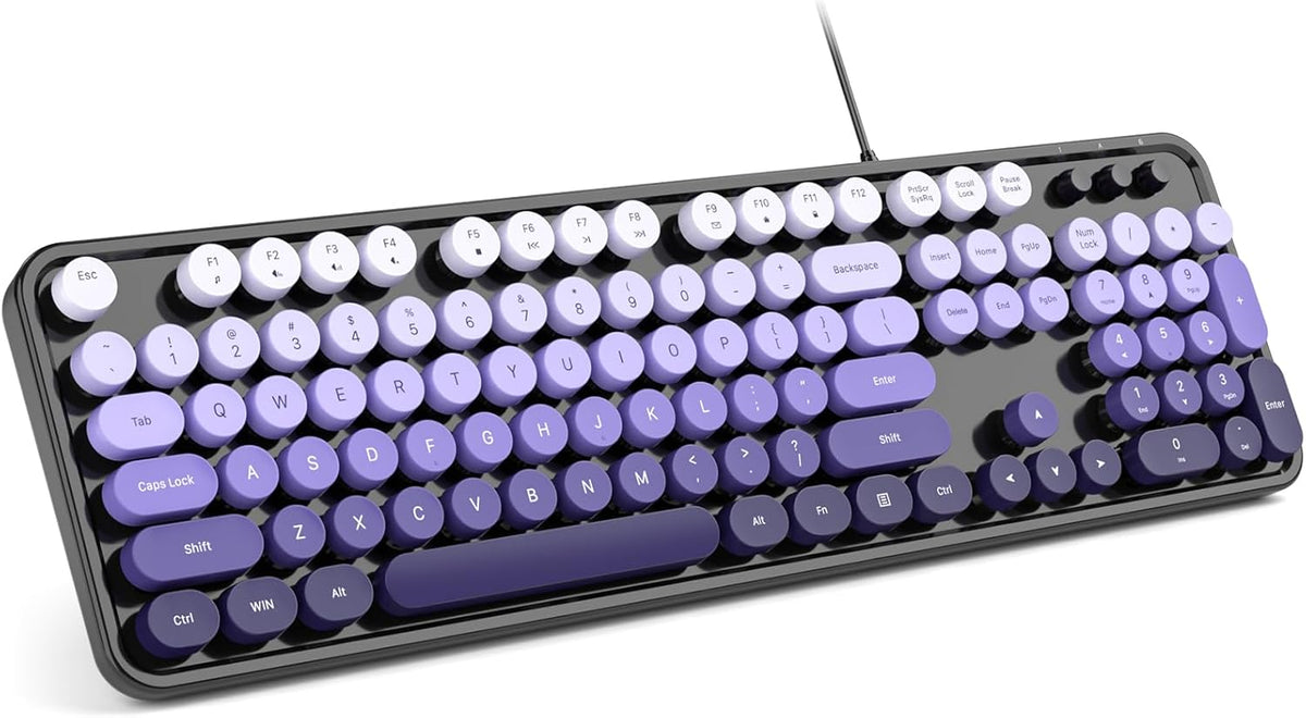 MOWUX Computer Keyboard Wired, Plug and Play USB Retro Round Typewriter Keyboard, Full Size Wired Keyboard with Foldable Stands for Laptop and Office PC- Black Purple Gradient