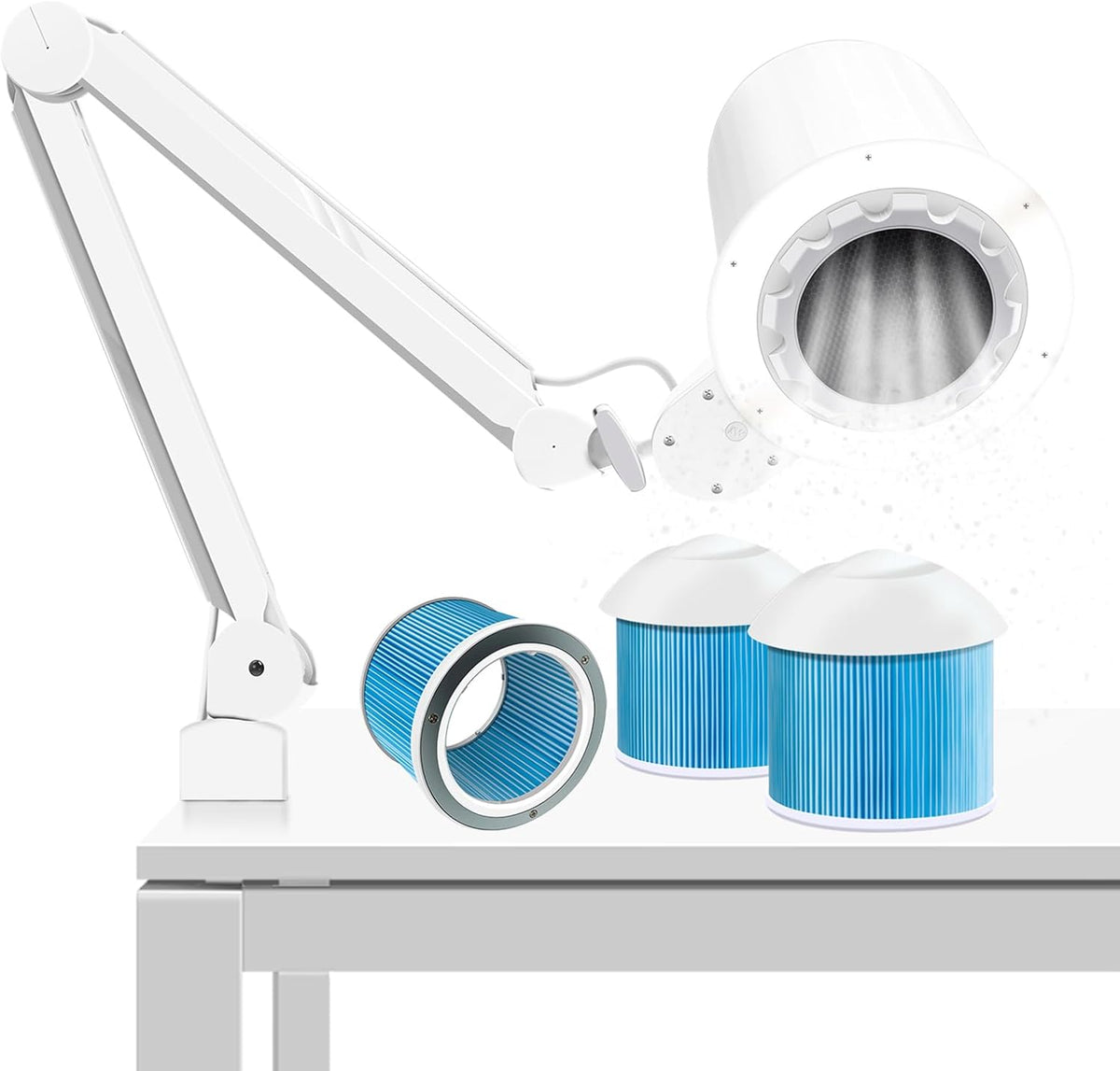 Professional Pedicure Nail Dust Collector, Overhead Nail Tech Manicure Vacuum Cleaner Extractor 80W wIth Desk Clamp Dimmable LED Desk Lamp for Nail Salon Acrylic Gel (3PCS Reusable Filters)