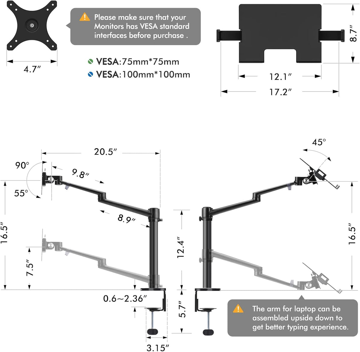 Viozon Laptop/Notebook/Projector Mount Stand, Height Adjustable Single Arm Mount Support 12-17 inch Laptop/Notebook/Tablet, Free Removable VESA 75X75 and 100X100 for Monitor 17-32 inch.