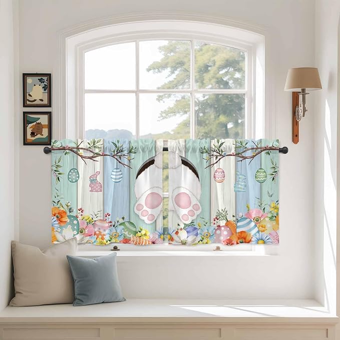 Easter Kitchen Tier Curtains 24 Inch Long 2 Panel Set, Rod Pocket Cafe Small