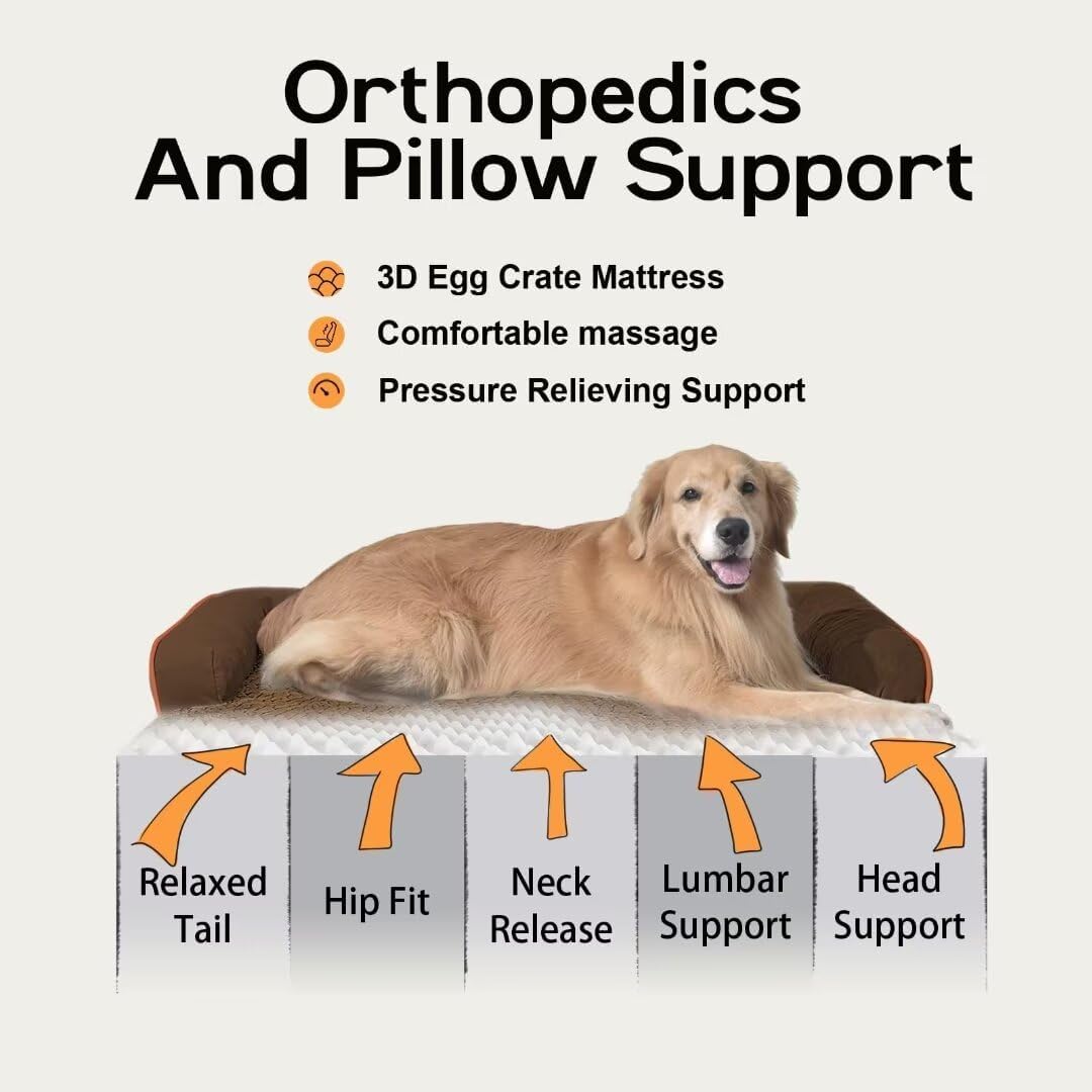 Large Dog Bed Orthopedic Washable - Memory Foam Couch Sofa - XXL Large Big Dogs - Beds Bolster Pet - Waterproof with Removable Cover - Coffee Dog Bed