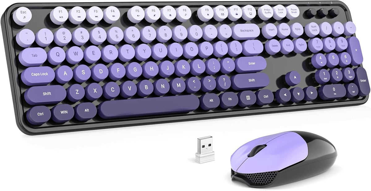 Dilter Wireless Keyboard and Mouse Combo, 104 Keys Full-Sized Typewriter Keyboards, 2.4 GHz USB Receiver Plug and Play for Windows, PC, Laptop, Desktop (Black Purple)