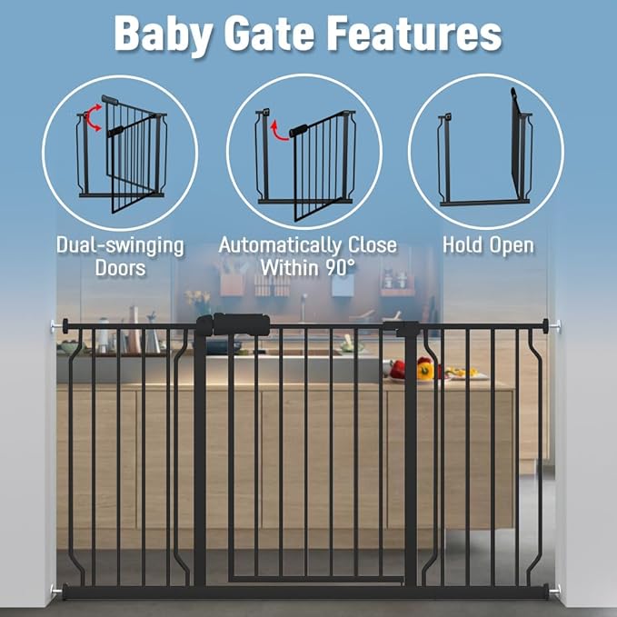 ALLAIBB Extra Wide Pressure Mount Baby Gate Auto Close Black Metal Child Dog Pet Safety Gates with Walk Through for Stairs,Doorways,Kitchen and Living Room (62.20-71.26"/158-181cm)