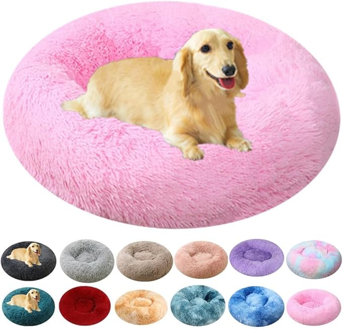 Calming Large Dog Bed & Cat Bed, 43 Inch Anti-Anxiety Donut Dog Cuddler Cat Bed, Warming Cozy Soft Dog Round Bed, Fluffy Faux Fur Machine Washable Pet Cushion for Medium Dogs & Cats (Bright Pink)