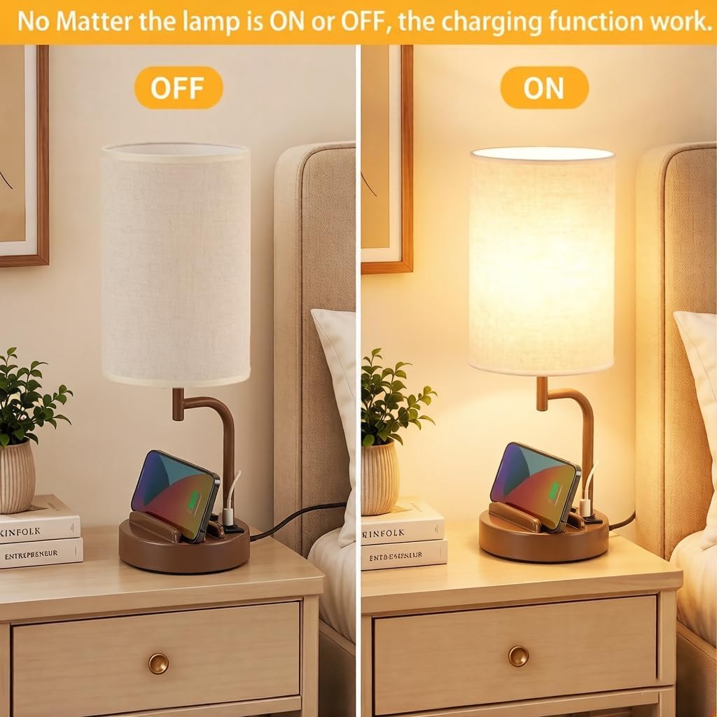 Dreamholder Touch Control USB Table Lamp with USB C/A & AC Outlet, 3-Way Dimmable Bedside Lamp, Modern Nightstand Lamps for Bedroom Living Room Guest Room Office, Bulb Included, Brown