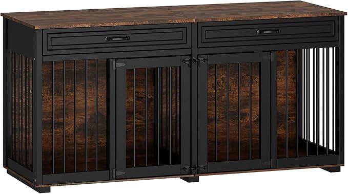 Furniture Style Dog Crate, 64.6 Inch Wooden Large Dog Kennel with Drawers & Divider, Indoor Dog House Furniture with Double Rooms for Medium Small Breeds, Brown+Black