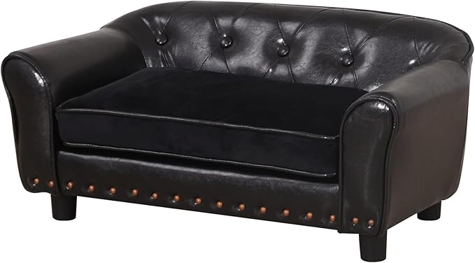 Dog Couch,Puppy Bed,Cat Sofa,Cat Couch,Pet Sofa,Dog Chair,Small Pet Bed with Copper Nail and Wooden Frame, Leather Fabric and Cushion,for Small Animals Using (Black)