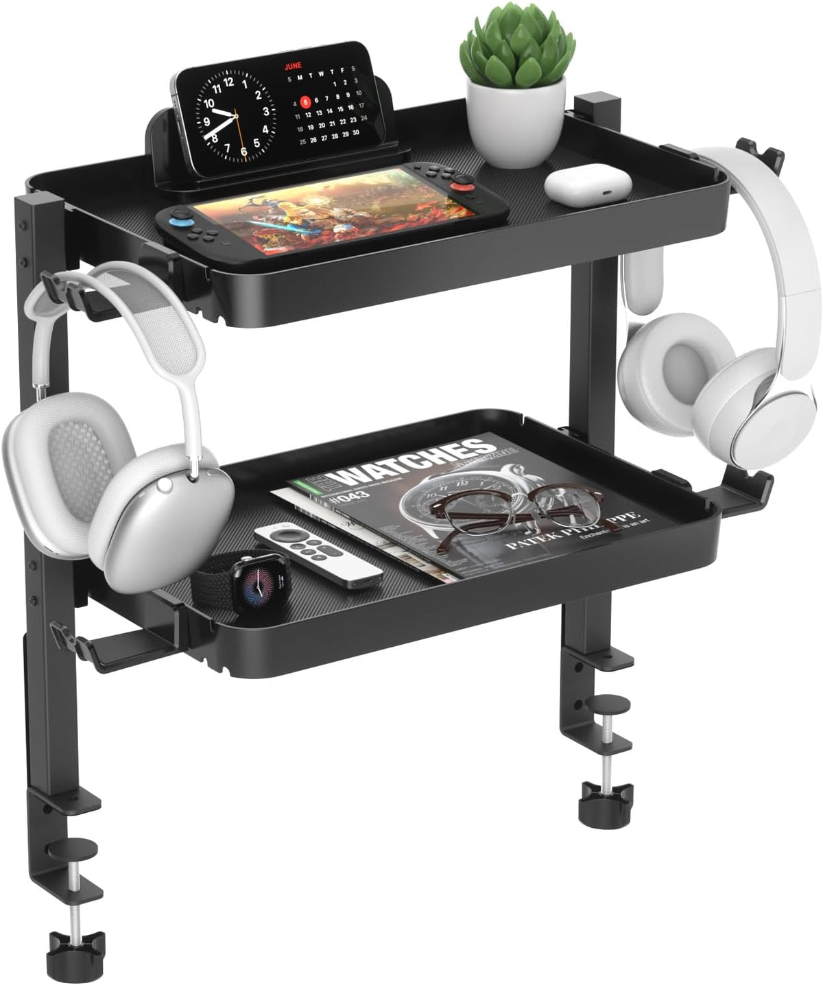 KDD Clamp On Desk Organizer - Adjustable 2-Tier Above or Under Desk Shelves with Large Capacity Tray, Phone & Tablet Holder, Headphone Hook - No Drilling Desktop Storage for Office & Home Accessories