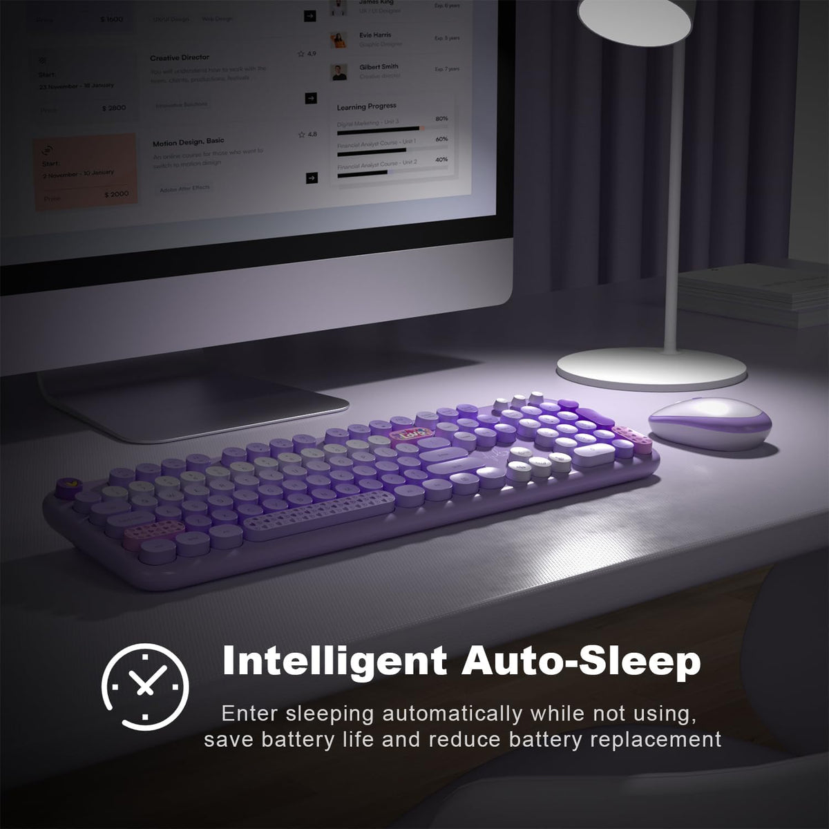 Wireless Keyboard and Mouse, Typewriter Full Size Keyboard with Number Pad and 2 in 1 USB Connected Mouse for Windows 7/8/10, Laptop, Desktop, PC, Computer (Purple Colorful)