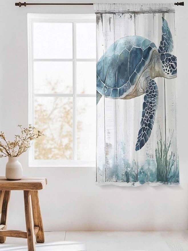 Sheer Curtains 63 Inch Length, Sea Turtle Teal Blue Semi Sheer Curtains Light