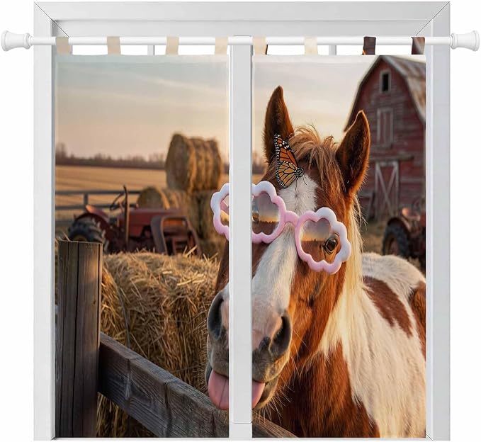 Farm Horses Bathroom Curtains 63 Inch Length, Window Curtains Tab Top,