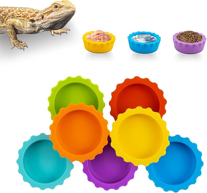 7 Pack Crested Gecko Food and Water Bowl, Eudimysx Reusable Small Reptile Feeding Dish, Gecko Tank Accessories for Hermit Crab, Tarantula, Isopods and Lizard, Silicone Easy Clean & 7 Colors