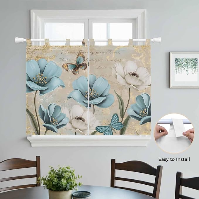 Spring Flowers Kitchen Curtains 45 Inch Length, Short Cafe Window Curtains Tab