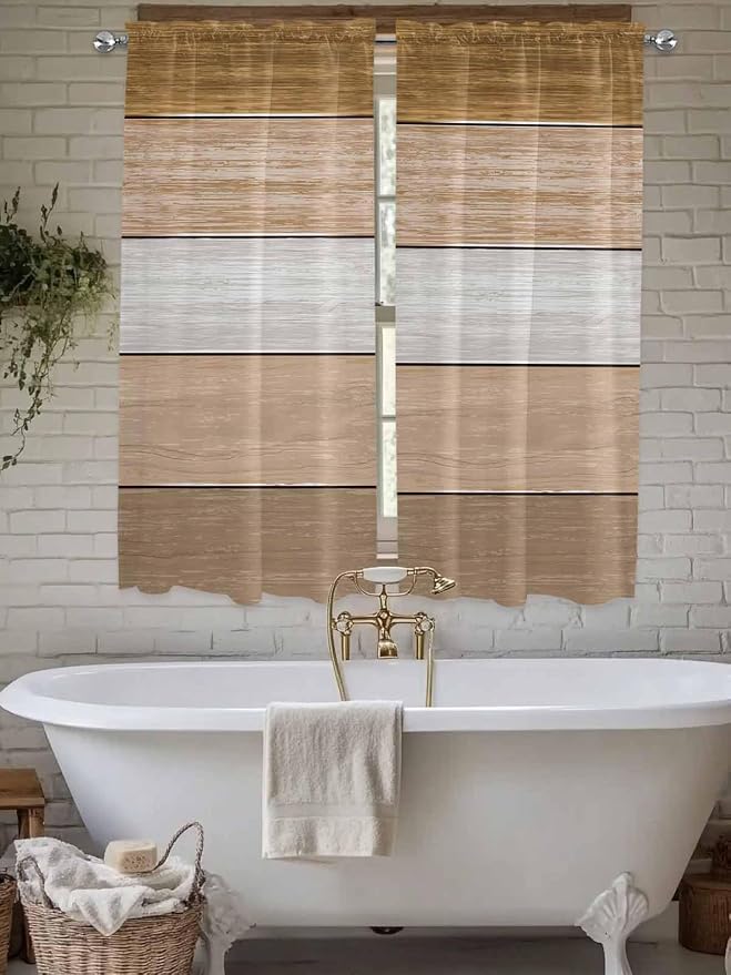 Retro Farm Wood Board Window Valance Curtains, 2 Panel