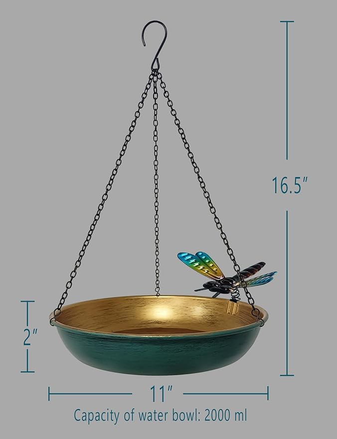 Hanging Birdbath Bird Feeder for Outdoor 11 Inch Green/Bronze Cute Metal Bird Bath Bowl with Detachable Black Chain Metal Dragonfly Backyard Birdbath Garden Decor